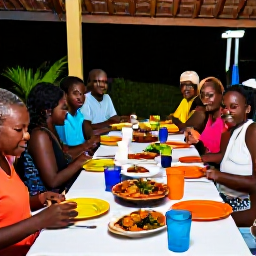 Caribbean Holidays, Haiti Adventure Holidays, Friendly travellers sharing a meal with local hosts in Haiti, with Creole dishes, bright tableware and a relaxed evening atmosphere