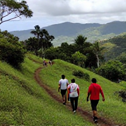 Caribbean Holidays, Haiti Adventure Holidays, Hikers crossing a green mountain trail in Haiti during October, with tropical vegetation and distant Caribbean hills