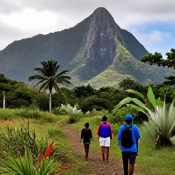 Caribbean Holidays, Haiti Adventure Holidays, Hikers walking through lush Haitian mountain scenery with dramatic peaks, tropical vegetation and a local guide