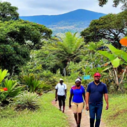 Caribbean Holidays, Haiti Adventure Holidays, Hikers walking through lush mountain scenery in Haiti, with a guide, tropical vegetation and distant blue hills
