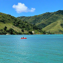 Caribbean Holidays, Haiti Adventure Holidays, Kayakers on calm turquoise water near Haiti&rsquo;s coast, with green hills, a small fishing boat and tropical August sunshine