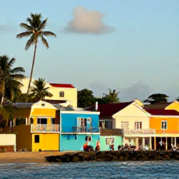 Caribbean Holidays, Haiti Adventure Holidays, Travellers exploring a lively Haitian coastal town in August, with colourful buildings, palm trees and warm Caribbean light