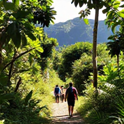 Caribbean Holidays, Haiti Adventure Holidays, Travellers hiking along a forest trail in Haiti with lush vegetation, mountain scenery and warm November sunshine