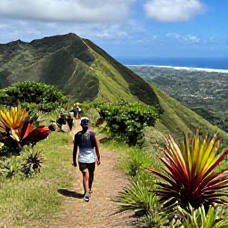 Caribbean Holidays, Haiti Adventure Holidays, Travellers hiking on a lush mountain trail in Haiti, with dramatic hills, tropical plants and a distant coastal view
