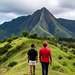 Caribbean Holidays, Haiti Adventure Holidays, Travellers hiking through lush green Haitian mountain scenery in May, with a local guide and dramatic distant peaks