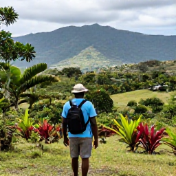 Caribbean Holidays, Haiti Adventure Holidays, Travellers hiking through lush Haitian hills in June, with a local guide, tropical plants and distant mountain views