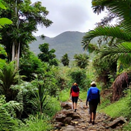 Caribbean Holidays, Haiti Adventure Holidays, Travellers hiking through lush mountain scenery near Jacmel, Haiti, with tropical vegetation, rocky paths and distant hills