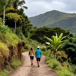 Caribbean Holidays, Haiti Adventure Holidays, Travellers walking along a scenic mountain trail in Haiti with tropical vegetation and distant hills