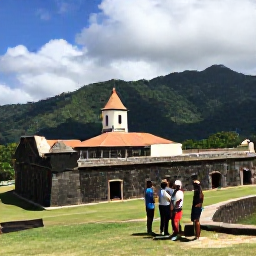 Caribbean Holidays, Haiti Adventure Holidays, Visitors standing beside the impressive Citadelle Laferri&egrave;re in Haiti, surrounded by green mountains under a partly cloudy August sky