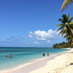Caribbean Holidays, Haiti Adventure, Quiet Haitian beach with clear turquoise water, palm trees and snorkellers enjoying a sunny January afternoon