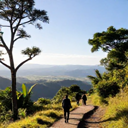 Caribbean Holidays, Haiti Adventure, Travellers hiking through lush Haitian mountain scenery on a clear January morning, with tropical trees and distant valleys