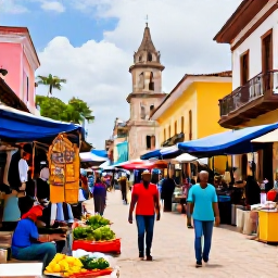 Caribbean Holidays, Haiti All Inclusive, A colourful Haitian market street with local crafts, fresh produce, friendly people and historic architecture in the background