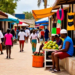 Caribbean Holidays, Haiti All Inclusive, A colourful Haitian market street with local crafts, tropical fruit, musicians and friendly visitors in warm June sunshine