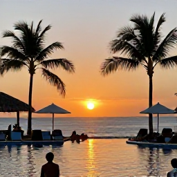 Caribbean Holidays, Haiti All Inclusive, A comfortable Haitian all-inclusive resort at sunset, with glowing skies, palm silhouettes and guests relaxing near the pool