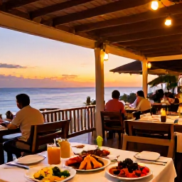 Caribbean Holidays, Haiti All Inclusive, A comfortable open-air resort restaurant in Haiti serving colourful Caribbean food at sunset, with relaxed diners and warm lighting
