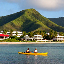 Caribbean Holidays, Haiti All Inclusive, A couple kayaking on calm Caribbean water near a Haitian beach resort, with green hills, sunshine and palm-fringed coastline