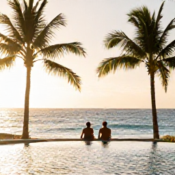 Caribbean Holidays, Haiti All Inclusive, A couple relaxing at a Haitian beach resort, with a palm-fringed pool, calm sea and golden late-afternoon light