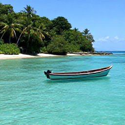 Caribbean Holidays, Haiti All Inclusive, A Haitian coastal excursion in June, showing a small boat on clear Caribbean water near a forested shoreline and quiet beach
