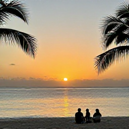 Caribbean Holidays, Haiti All Inclusive, A peaceful Haitian beach at sunset with soft golden light, calm sea, palm silhouettes and guests enjoying a quiet evening