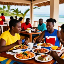 Caribbean Holidays, Haiti All Inclusive, Guests enjoying a colourful Haitian resort restaurant with fresh seafood, tropical fruit, local dishes and a welcoming Caribbean atmosphere