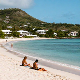 Caribbean Holidays, Haiti All Inclusive, Travellers enjoying a quiet sandy beach beside a Haitian all-inclusive resort, with calm blue water and green hills in the background