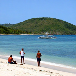 Caribbean Holidays, Haiti All Inclusive, Travellers enjoying a quiet sandy beach in Haiti, with clear blue water, green hills and a small traditional boat offshore