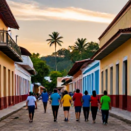 Caribbean Holidays, Haiti April Tours, Friendly guided Haiti tour group walking through a colourful town at sunset, with local architecture and tropical scenery