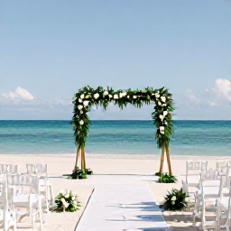 Caribbean Holidays, Haiti April Weddings, An elegant beach wedding ceremony in Haiti with white chairs, tropical greenery and the Caribbean Sea in the background