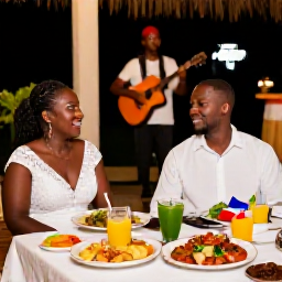 Caribbean Holidays, Haiti April Weddings, Bride and groom sharing a relaxed wedding reception meal with Haitian dishes, tropical fruit and live music