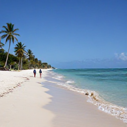 Caribbean Holidays, Haiti August Holidays, A calm Haitian beach in August with clear Caribbean water, soft sand, palm trees and a couple walking along the shoreline