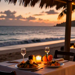 Caribbean Holidays, Haiti August Holidays, A candlelit table for two at a Haitian seaside restaurant at sunset, with local dishes, tropical fruit and a view of the ocean