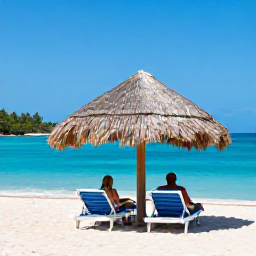 Caribbean Holidays, Haiti August Holidays, A couple relaxing under a thatched parasol on a beautiful Haitian beach, turquoise water, soft sand and tropical vegetation