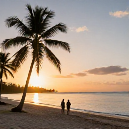 Caribbean Holidays, Haiti August Holidays, A couple walking beside a quiet tropical beach in Haiti at sunrise, with palm trees, calm sea and warm August light