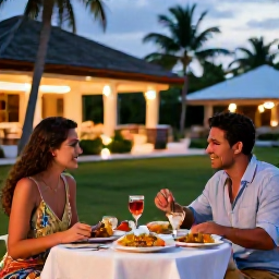 Caribbean Holidays, Haiti August Holidays, A friendly couple dining outdoors at a Haitian all-inclusive resort in the evening, with local-inspired food, soft lights and tropical surroundings