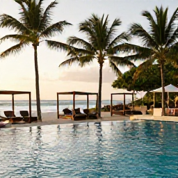 Caribbean Holidays, Haiti August Holidays, Guests enjoying an all-inclusive Haitian resort pool beside a tropical beach, with shaded loungers, palm trees and warm afternoon light