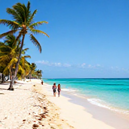 Caribbean Holidays, Haiti August Holidays, Haitian coastal beach in August with clear blue water, golden sand, palm trees and a couple walking beside the sea