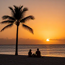 Caribbean Holidays, Haiti August Holidays, Haitian sunset over a quiet Caribbean beach near an adults-only resort, warm orange sky, palm silhouettes and a couple enjoying the evening