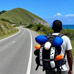 Caribbean Holidays, Haiti Backpacking, A prepared backpack beside a trusted local guide in Haiti, with a road leading through green hills towards the coast