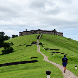 Caribbean Holidays, Haiti Backpacking, Backpacker walking through the green hills and historic ruins of Citadelle Laferri&egrave;re near Cap-Ha&iuml;tien, Haiti, under a cloudy August sky