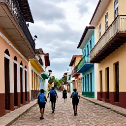 Caribbean Holidays, Haiti Backpacking, Backpackers walking through the historic streets of Jacmel, Haiti, surrounded by colourful colonial buildings and local art