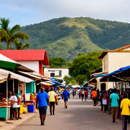 Caribbean Holidays, Haiti Backpacking, Colourful street scene in Port-au-Prince, Haiti, with local life, market stalls and tropical hills in the background