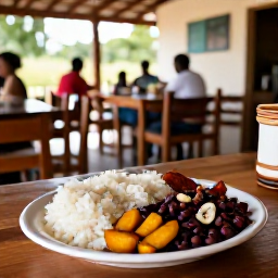Caribbean Holidays, Haiti Backpacking, Friendly Haitian food served at a simple open-air restaurant, with rice, beans, plantain and pikliz on a wooden table