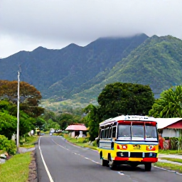 Caribbean Holidays, Haiti Backpacking, Haitian countryside road with lush mountains, local village and colourful tap-tap bus