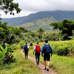 Caribbean Holidays, Haiti Backpacking, Hikers walking through lush Haitian mountain countryside with distant valleys and tropical vegetation