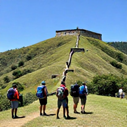 Caribbean Holidays, Haiti Backpacking, Historic Citadelle Laferri&egrave;re in northern Haiti above green mountain slopes, viewed by a small group of backpackers under clear blue skies