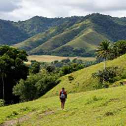 Caribbean Holidays, Haiti Backpacking July, Backpacker hiking through lush green hills near Jacmel, Haiti, with tropical vegetation and dramatic countryside