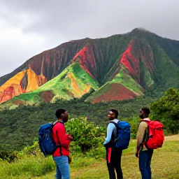 Caribbean Holidays, Haiti Backpacking July, Friendly Haitian guide talking with backpackers beside a colourful mountain landscape in Haiti during the rainy season