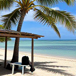 Caribbean Holidays, Haiti Backpacking July, Quiet tropical beach near Haiti with clear water, palm trees and a backpack resting beside a shaded traveller's spot