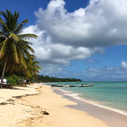 Caribbean Holidays, Haiti Backpacking June, A quiet tropical beach near Jacmel, Haiti, with turquoise water, palms and a few local fishing boats under a partly cloudy June sky