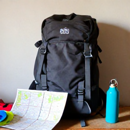 Caribbean Holidays, Haiti Backpacking June, Backpacker preparing a small rucksack in a simple Haitian guesthouse room, with a map, reusable water bottle and rain jacket